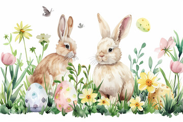 Fototapeta premium Watercolor illustration of rabbits with Easter eggs and spring flowers, perfect for a spring-themed or Easter greeting card.