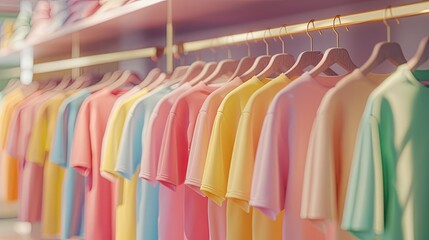 Cotton t-shirts of different colors and designs hanging on hangers in a store, layout template for print advertising banner or poster. Collection of colored T-shirts on a rack.