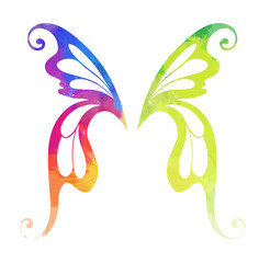 Vector silhouette of fairy wings with rainbow watercolor splashes isolated on background. Creativity and vibrant self-expression. Bright insect for sticker and icon. - 767891526