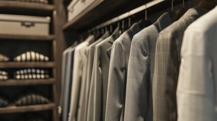 Obraz premium Close-up of a closet: a variety of men's suits and trousers neatly arranged on shelves. The focus is on neutral tones such as gray or beige for both jackets and trousers.
