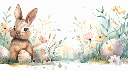Watercolor Easter bunny with eggs and spring flowers for holiday designs.
