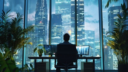 A man sits at a table in front of a computer and looks through large windows overlooking modern skyscrapers and the cityscape. He has a city office with plants on either side.