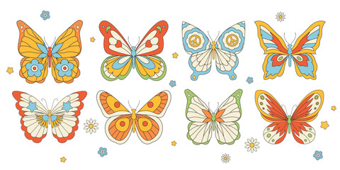 Beautiful groovy butterfly vector hand drawn illustrations set. Stock pop clip art in Hippie 60s 70s style. Peace. Pacific. - 767892185