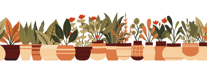 Vector seamless cozy border with house plants in various pots isolated from background. Horizontal frieze with flat illustration of plants in beige colors for frames. Greenhouse and flower shop. - 767892376