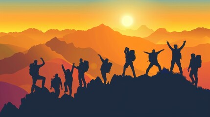 Silhouettes of a group of tourists posing joyfully on the mountain. Is it success as a team or freedom? - obrazy, fototapety, plakaty