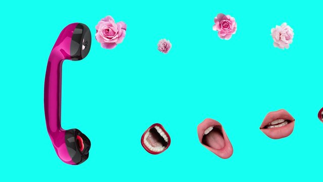Modern animation. Contemporary stop motion. Phone with floating flowers and female lips. Inspiration, idea, trendy urban style. Pink and navy blue.