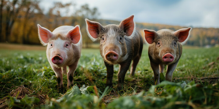 Happy pigs on the green grass. Farm animals, agriculture and rural landscape. 