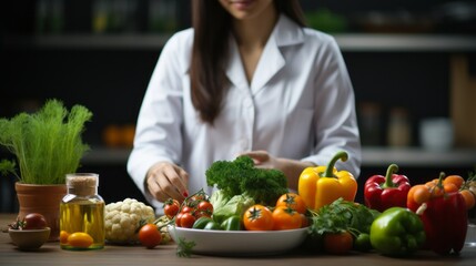 Fresh vegetable and fruit on desk with nutritionist female doctor working at office