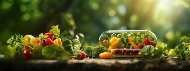 Fruits and greens inside a pill. Food supplement concept as a pill or medicine capsule with fresh fruit and vegetables inside