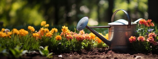 Spring garden scene with watering can, flowers, plants and gardening tools
