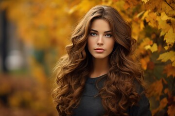 Naklejka premium Attractive brown hair woman against a fall autumn ambience background, background image