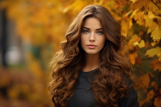 Attractive brown hair woman against a fall autumn ambience background, background image