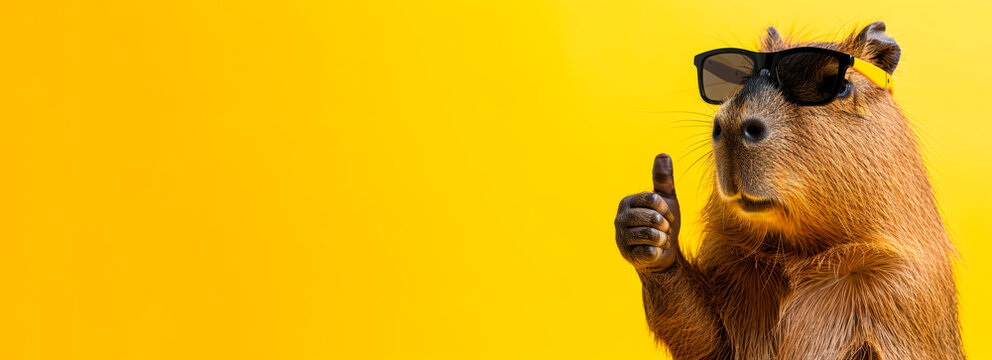 Portrait of a beautiful happy capybara in sunglasses holding two thumbs up as a sign of excellent work on an isolated yellow banner background.