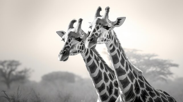 Two giraffes standing next to each other in a field