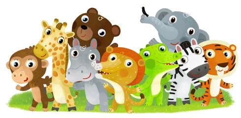 Fotobehang Cartoon zoo scene with zoo animals friends together in amusement park on white background with space for text illustration for children © honeyflavour