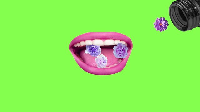 Stop motion. Animation. Woman's mouth with flowers against bright green background. Modern design, bright colors. Pink and green. Inspiration, idea, creativity, fashion, beauty concept.