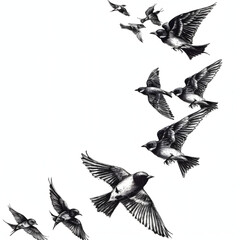 Fototapeta premium Flying birds in formation isolated on white background, sketch, png 