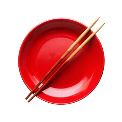 Empty red plate with chopsticks isolated on transparent background.