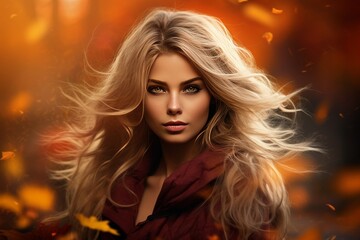 Attractive blonde hair woman against a fall autumn ambience background, background image