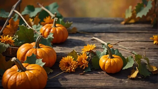 beautiful pumpkins, autumn leaves on a wooden background