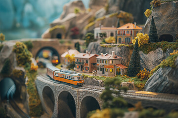 Photo of A toy train set with a scenic landscape and tunnels