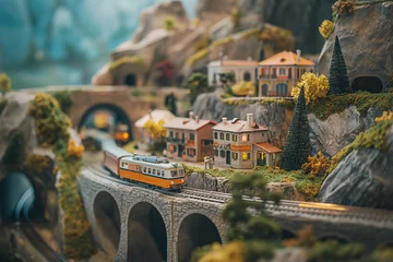Zelfklevend Fotobehang Photo of A toy train set with a scenic landscape and tunnels © KhCht