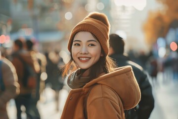 Asian Woman walking in the city streets of New York - obrazy, fototapety, plakaty