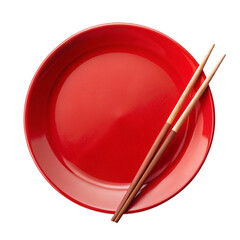 Empty red plate with chopsticks isolated on transparent background.