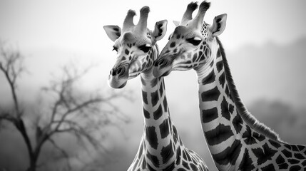 Two giraffes are standing next to each other, one of which is licking the other