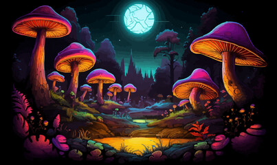 Obraz na płótnie Canvas Fantasy Landscape with Neon Mushrooms isolated vector style illustration