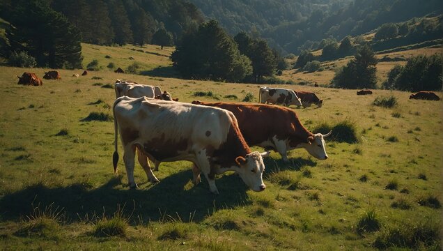 Cows Grazing With Their Calf And Sunbathing In The Meadows Of The Mountains Of Galicia. Travel Animals Nature. August 18, 2016. Rebedul, Becerrea Lugo Galicia Spain.