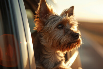 A cute Yorkshire Terrier puppy looking out of car window with sunset light
