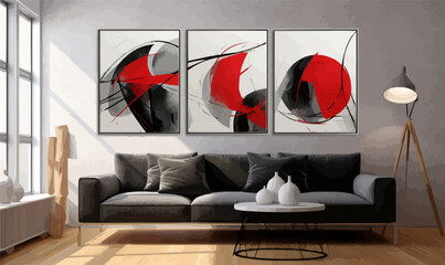 contemporary modern abstract paintings in red and black, acrylic art illustration vector