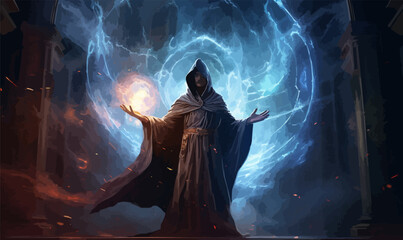 sorcerer with mystical robes in a magical realm casting spells illustration
