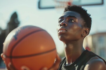 Teenage basketball player holding ball in game