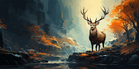 the deer with its fire horns standing on rocks in winter landscape, digital art style, illustration painting - - obrazy, fototapety, plakaty