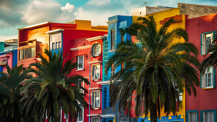 Colourful houses and palm trees on street - obrazy, fototapety, plakaty