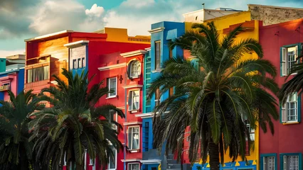 Poster Colourful houses and palm trees on street © Alex Bur