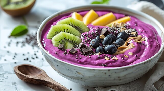 Mango, black chia seeds and vanilla berry smoothie in close-up in a white bowl against a hazy background, Generative AI.