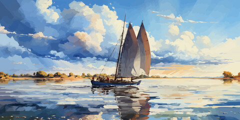 the sailboat in the sea against summer sky with big clouds,illustration painting - obrazy, fototapety, plakaty