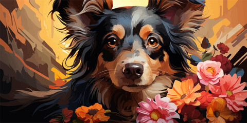 Cute long-haired chihuahua girl wearing a flower wreath. Portrait of a small dog.vector flat bright colors - obrazy, fototapety, plakaty