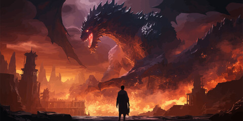 knight with the light sword standing near the giant fire dragon, digital art style, illustration painting