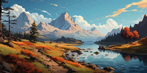 Fototapeta na wymiar a lakeside walkway with beautiful mountain scenery in the background in anime style vector