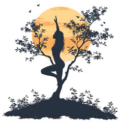 Silhouette of a yoga pose at sunset isolated on white background, hand drawn, png
