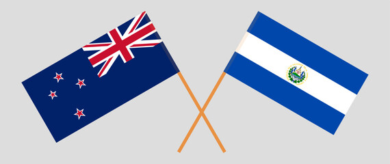 Crossed flags of New Zealand and El Salvador. Official colors. Correct proportion