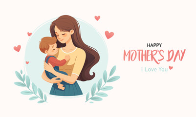 Happy mother's day banner. Mother holding a cild in her hands.