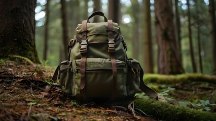 A backpack left on the ground in the wilderness - obrazy, fototapety, plakaty