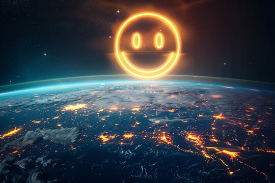 Naklejki A smiley face emoji above the planet earth