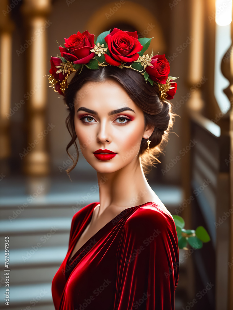 Poster a woman wearing a red dress and a red flower headband. she is wearing red lipstick and has a red ros