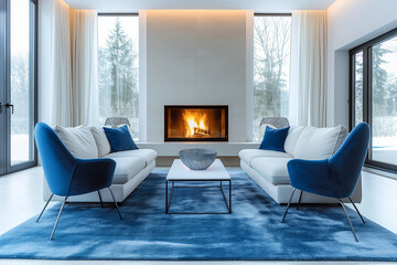 Blue armchairs near a white sofa with blue pillows in a room with a fireplace, minimalist mid-century style living room interior design